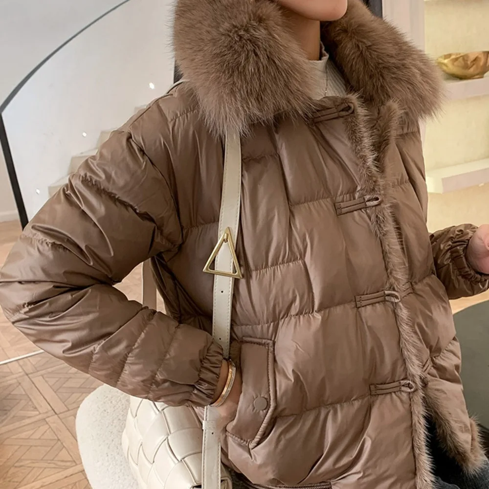 Vintage Real Fox Fur Jacket Loose White Duck Down Jacket Ladies Winter Women Short Warm Puffer Coat Female Parka Outerwear