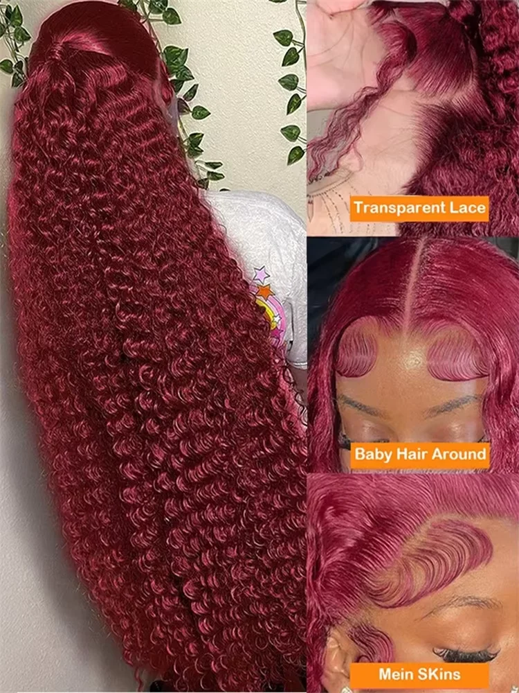 Curly 32 inch 99J Burgundy 13x6 HD Lace Front Human Hair Wigs Brazilian Deep Wave 13x4 Lace Frontal Wig Glueless 5x5 Closure Wig view 4