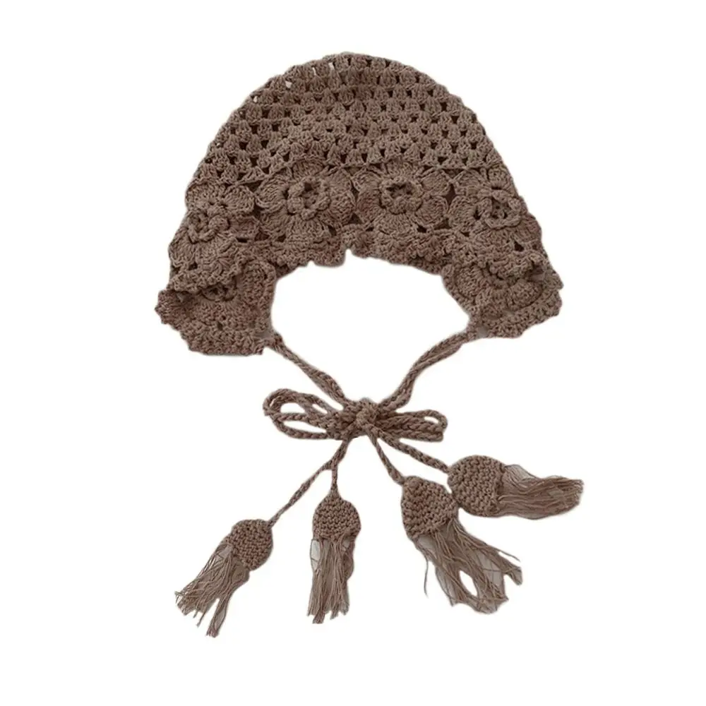 Breathable Handmade Knitted Hat Crochet Hollow Flower Beret Cap Thin Bohemian Style Skullies Hat for Women