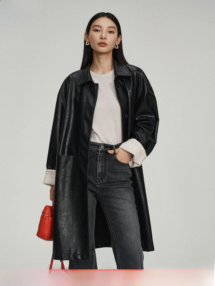 Casual Long PU Leather Jaet Women's Turn-down Collar Windproof Outerwear Faionable And Comfortable Youth Spring Faion