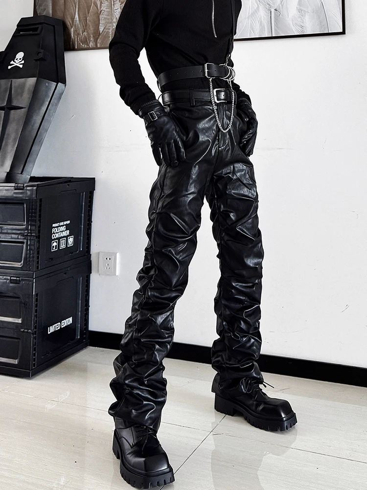 Mauroicardi Spring Autumn Cool Long Ruched Soft Black Pu Leather Stacked Pants for Men Luxury Designer Cyberpunk Rock Clothes