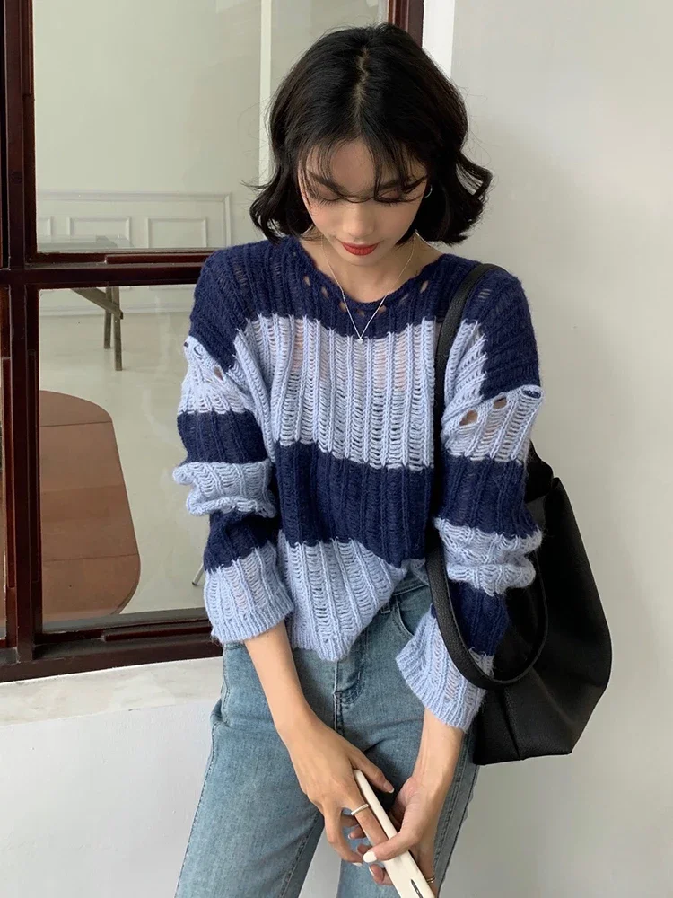 

Сексуальные открытые женские полосатые пуловеры, корейские модные вязаные джемперы, осенние тонкие солнцезащитные топы с длинным рукавом и круглым вырезом