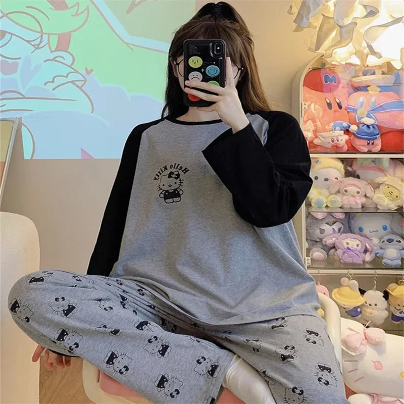 Cartoon Printed HelloKitty Cute Pajamas for Women in Autumn New Gray Sanrios KTCat Long Sleeved Home Clothing Set Girl Gift