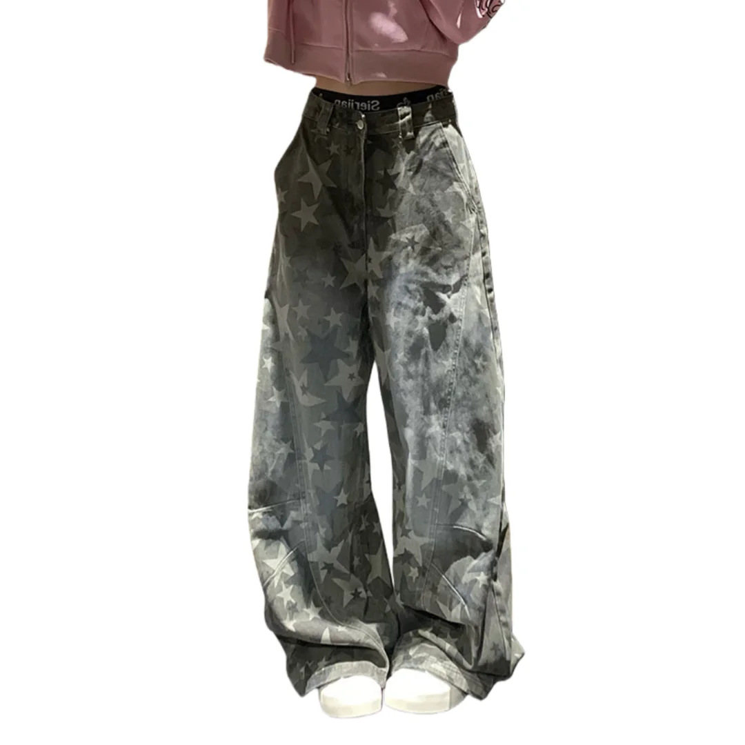 2026 Spring Jeans Women's Retro Star Print Camo Cargo Jeans Stylish Loose Straight Leg Wide Leg Floor-length Denim Pants
