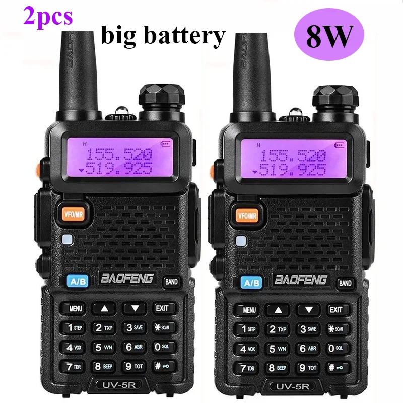 

2pcs baofeng uv 5r 8w walkie talkie radio comumicador mobile phones cheap with 2800mah battery Two Way Radio powerful 50km 100km