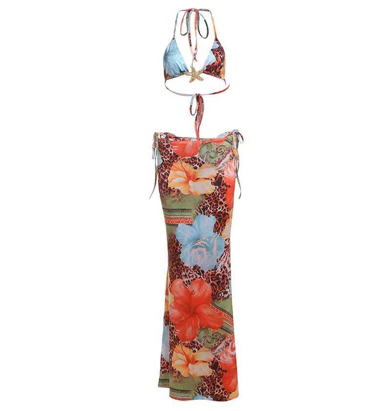 VEITCHE damskie letnie bikini na plażę trzyczęściowy zestaw w stylu wakacyjnym seksowny krótki top wiązany detale kwiatowy nadruk komplet spódnica garnitur