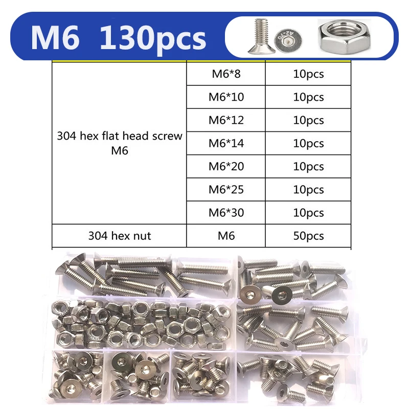 Innensechskantschrauben-Set M2 M2.5 M3 M4 M5 M6 aus 304 Edelstahl, Senkkopfschrauben mit Innensechskant und Mutter – Detail 16