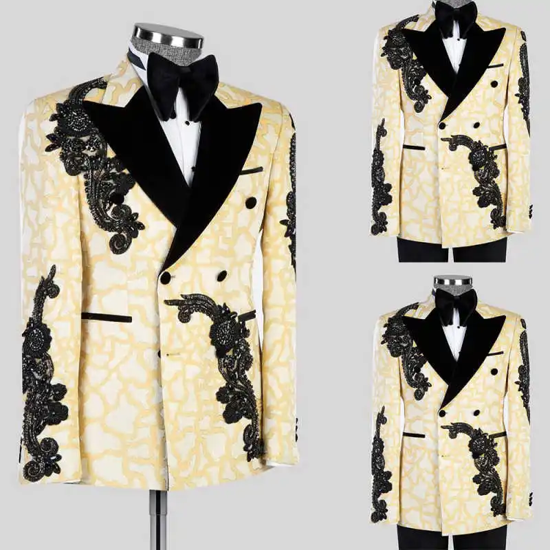 

Luxury Jacquard Men's Suits Appliques Beading Peaked Lapel Double Breasted Blazer Wedding Groom Customized