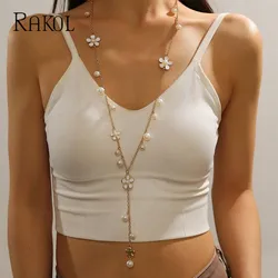 RAKOL Korean Fashion Long Imitation Pearl Tassel Five-leaf Flower Sweater Chain For Women Cute Necklace Girl Accessories Jewelry