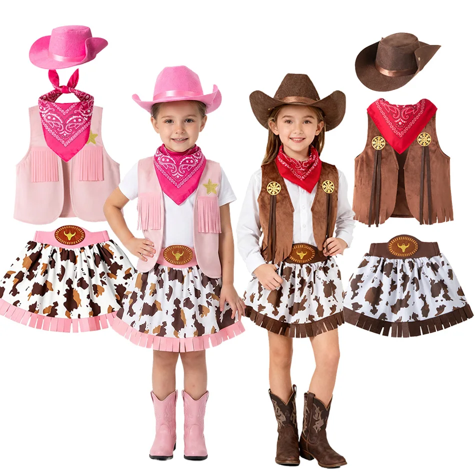Kids Western Cowgirl Costume Set  Girls Fringe Vest Cow Print Skirt Bandana Hat for Halloween Party Cosplay Stage Show