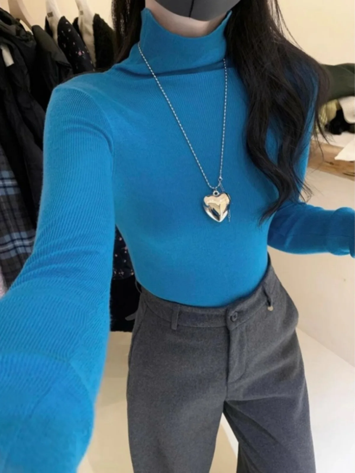 

Elegant High Neck Knitted Base Shirt Long Sleeve Slim Fit Women's Top Korean Style Commute Warmth Thermal Polyester Cashmere
