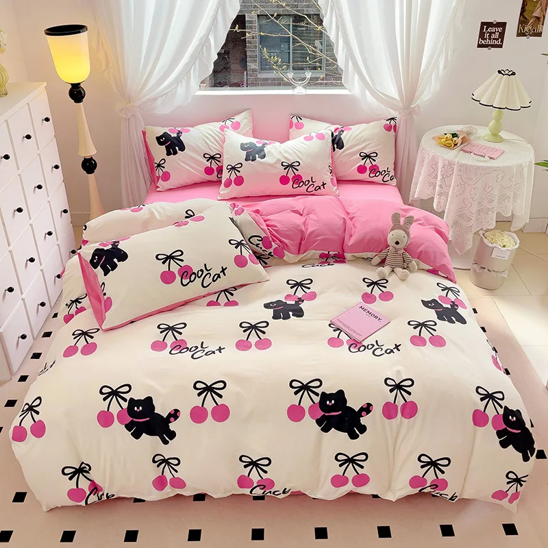 Black Cat Duvet Cover Set Twin Queen 4pcs Cartoon Bedding Set - 1 Pink Cherry Comforter Cover + 1 Fitted Sheet + 2 Pillowcase