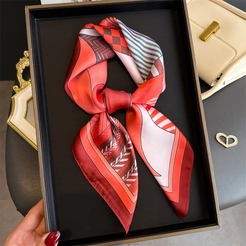 

Новый роскошный женский шелковый шарф, бандана, дизайнерские ленты для волос, 70 см, квадратные шарфы, гладкий летний атласный хиджаб, повязка на голову, платок
