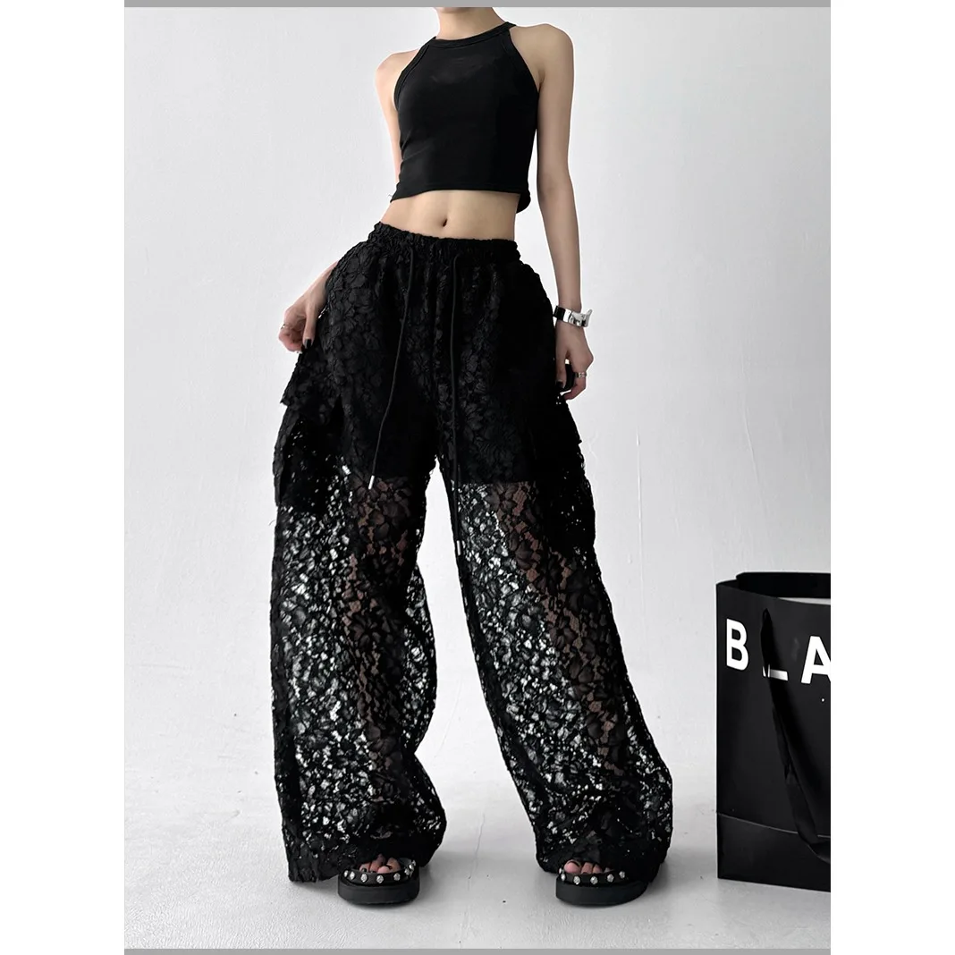 Pantalons d'épissure en dentelle pour femmes, pantalons larges américains pour filles, amples, rides, Style fin, grande taille, vêtements pour grosse fille, été