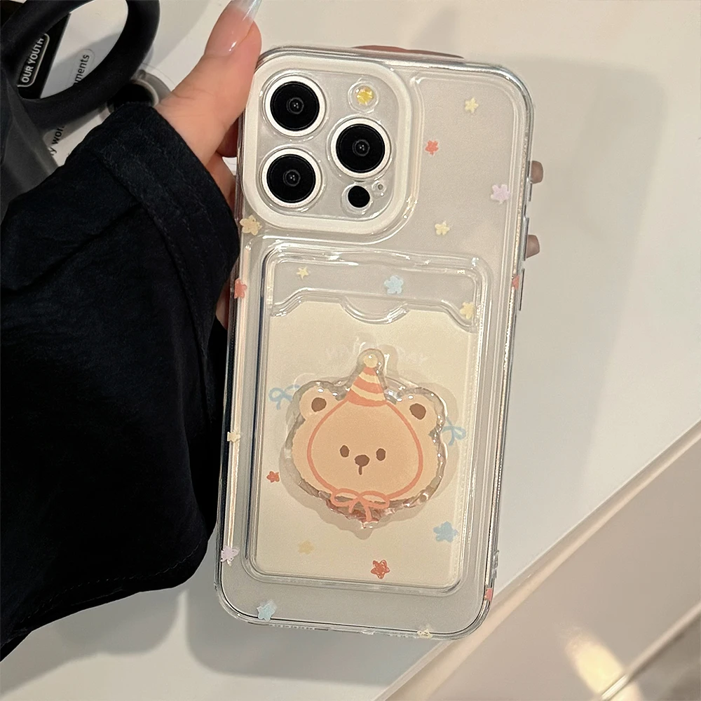 Ins Shining Colorful Stars Flash Powder Insert Card Bear Bracket Phone Case para iPhone 15 14 13 Pro Max 12 Pro 11
