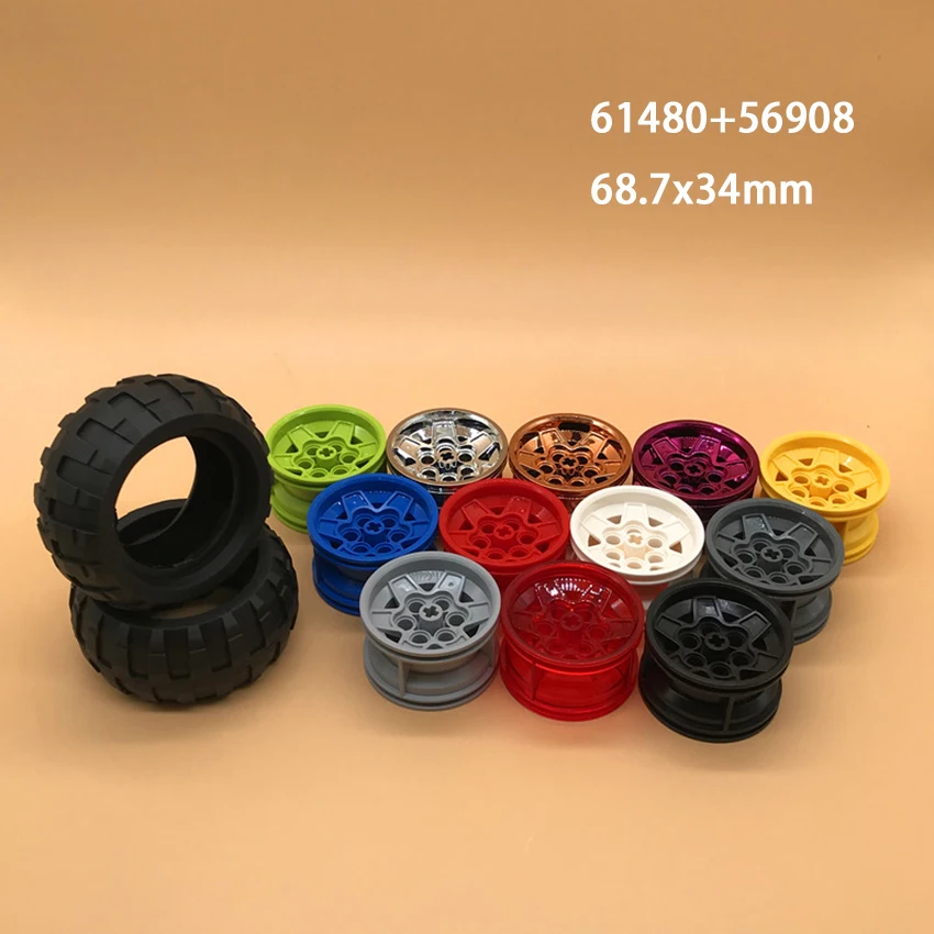 Technological Tire Wheel DIY Car Truck Building Block 43.2x26mm Wheel Hub 68.7x34mm Tire MOC Part Compatible with 61480 56908