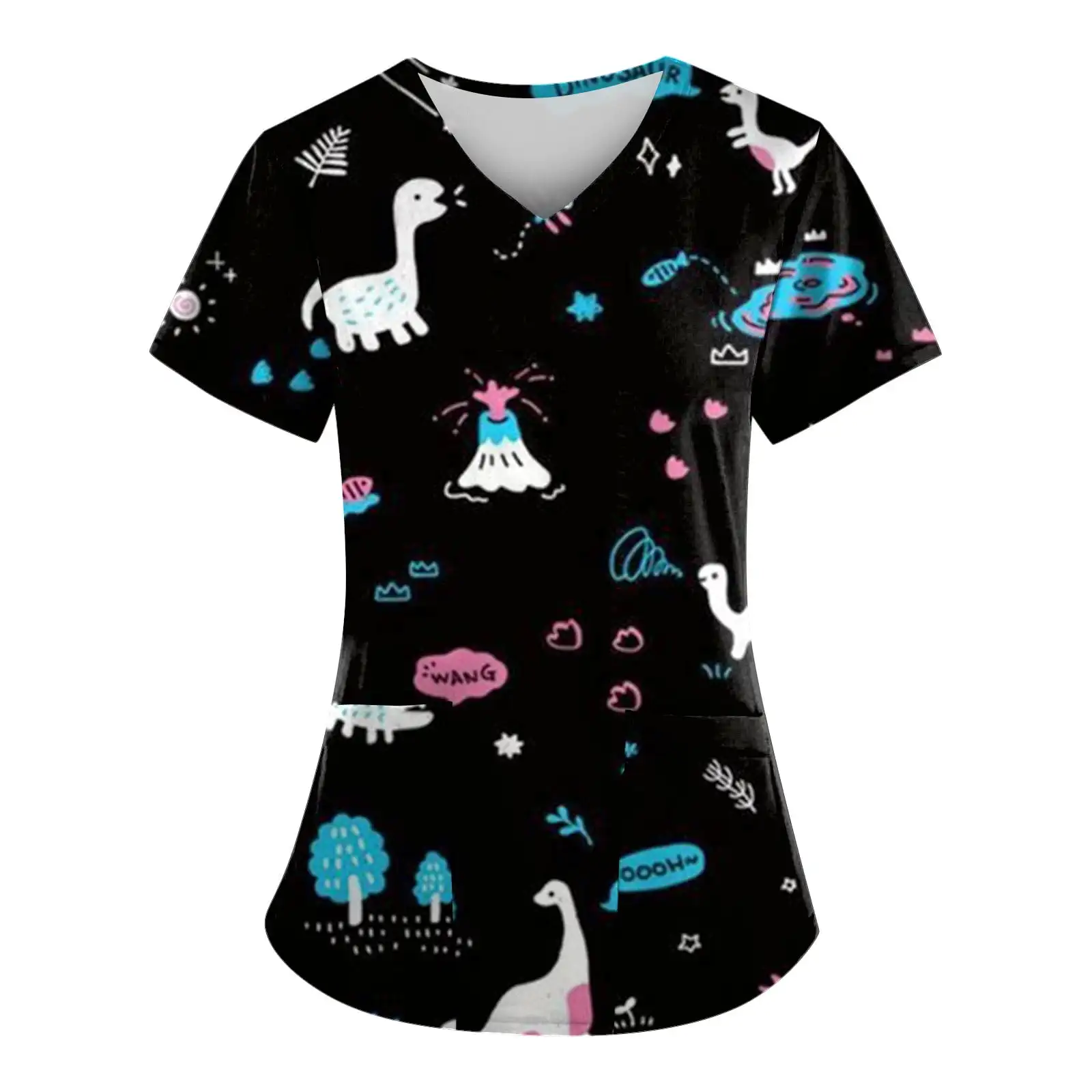Chirurgische Uniformen Frau Dinosaurier Cartoon Print Gesundheitspflege Krankenschwester Tops V-Ausschnitt Micro-Stretch Kurzarm Klinische Uniform Frau – Detail 4