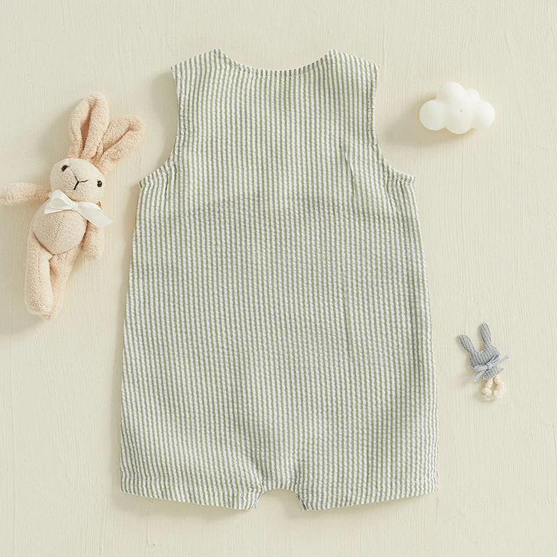 Blotona Toddler Girls Boys Easter Ovrealls Rompers Lovely Rabbit Carrot Embroidered Striped Pattern Sleeveless Baby Jumpsuits