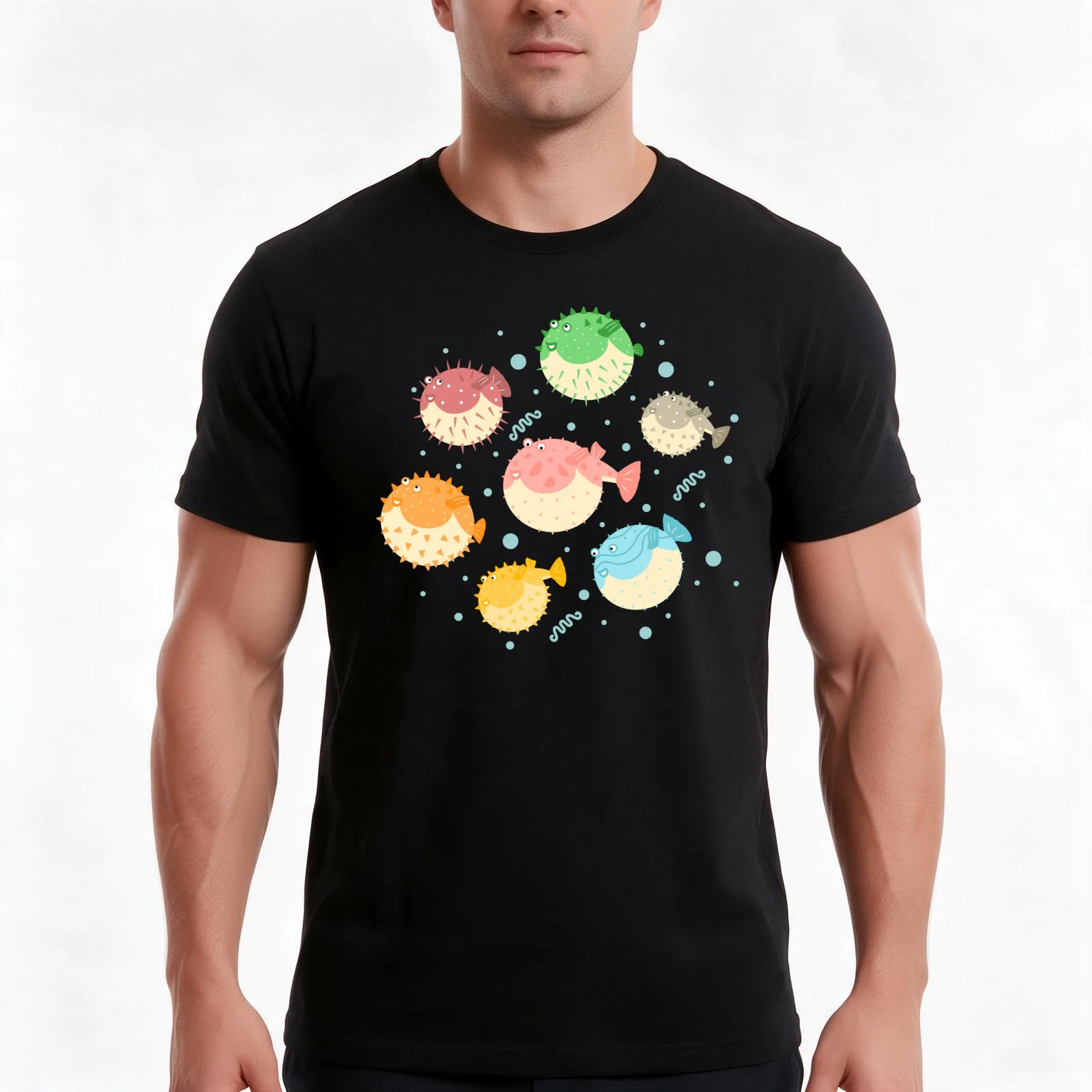 Colorful Puffer Fish T-Shirt, Summer Casual Cotton Tee, Oversized Streetwear Tops, Vintage Graphic Print, Loose Fit Short Sleeve