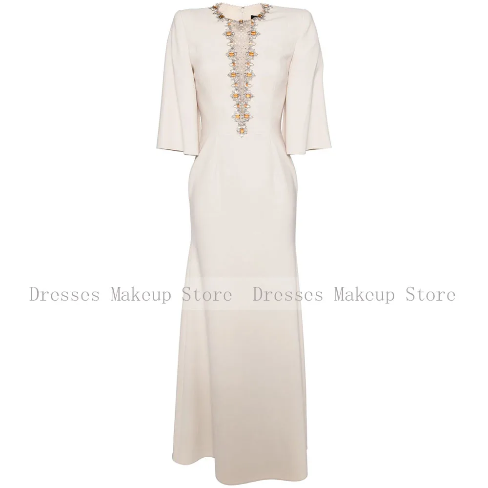 Elegantes Hochzeitsgastkleid, Champagner-Kristall, O-Ausschnitt, Meerjungfrau, formelle Partykleider für Frauen, 2025, 3/4-Ärmel, Trompeten-Abendkleid