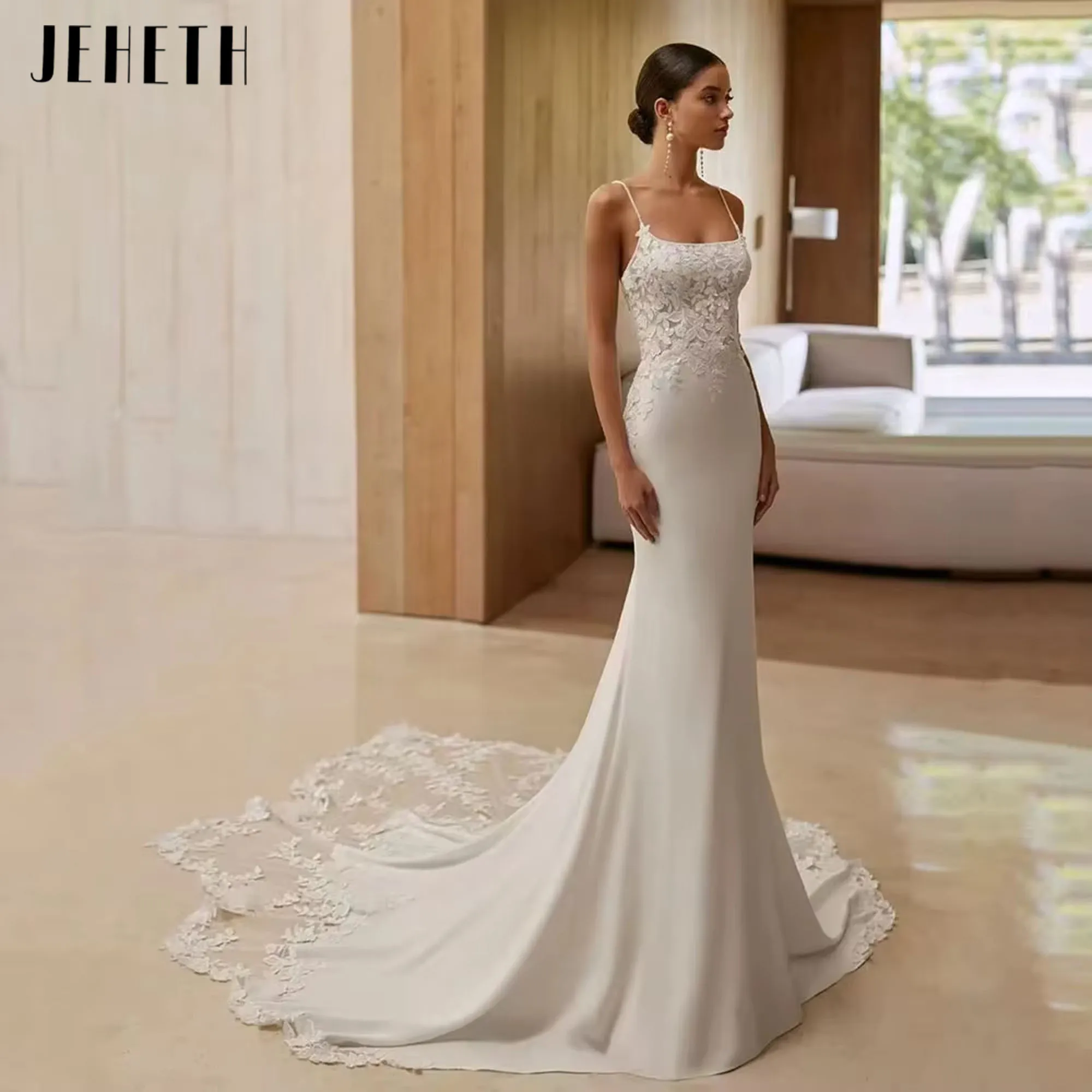 JEHETH فاخر حورية البحر الدانتيل الساتان فستان زفاف مثير للنساء بلا أكمام ذيل محكمة فستان عروس رداء دي ماري 2025 مخصص JEHETH فاخرة حورة البحر الدانتيل الساتن مثير فستان العروس للمرأة بلا أكمام محكمة قطار فستان العروس ر