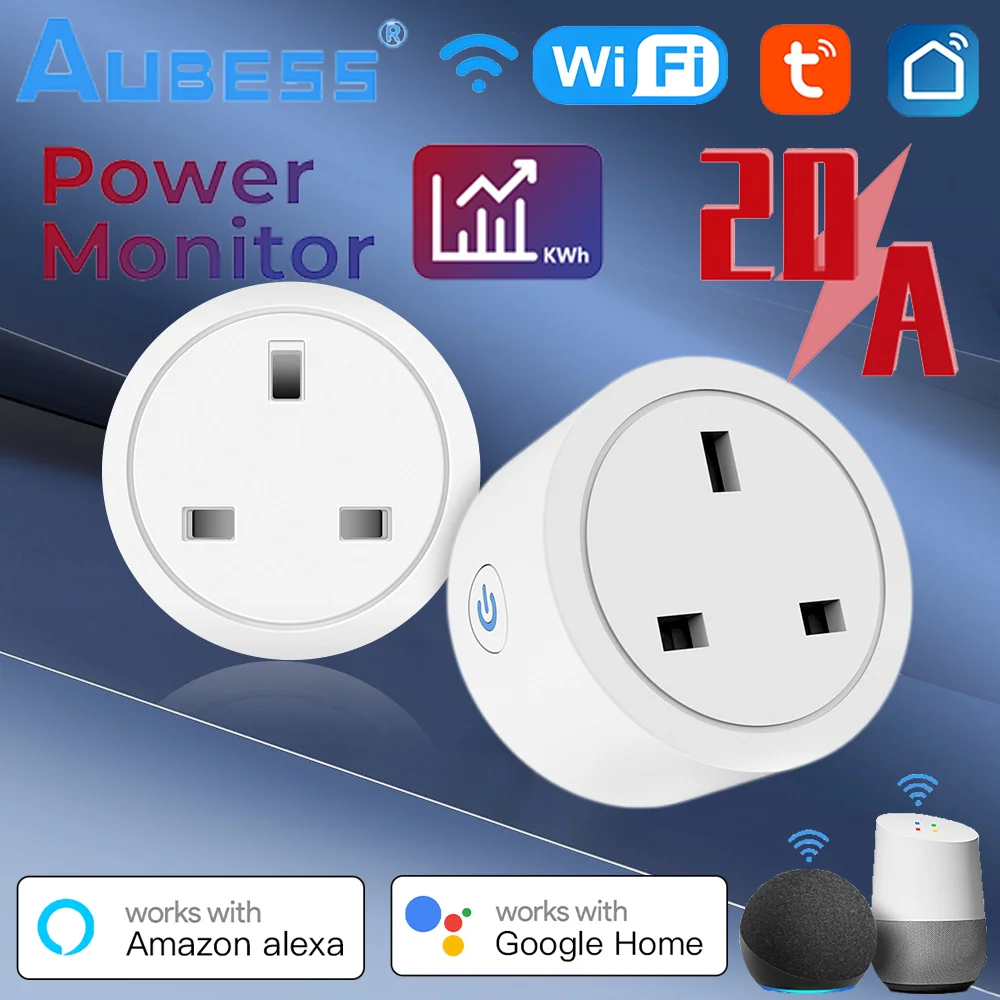 20A Tuya Smart Socket WiFi UK Plug 3pin Adapter Home Alexa Voice Control With Energy Monitering Timer Function Power Outlet Set