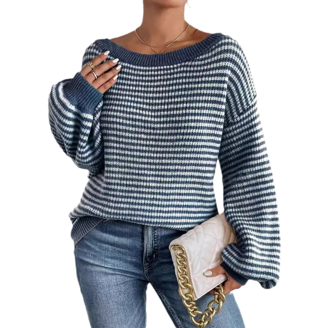 Comfortable Autumn Winter Stripe Knitwear Thin Shoulder Drop Loose Fit One Shoulder Neckline Long Sleeve Commute Style Women'...
