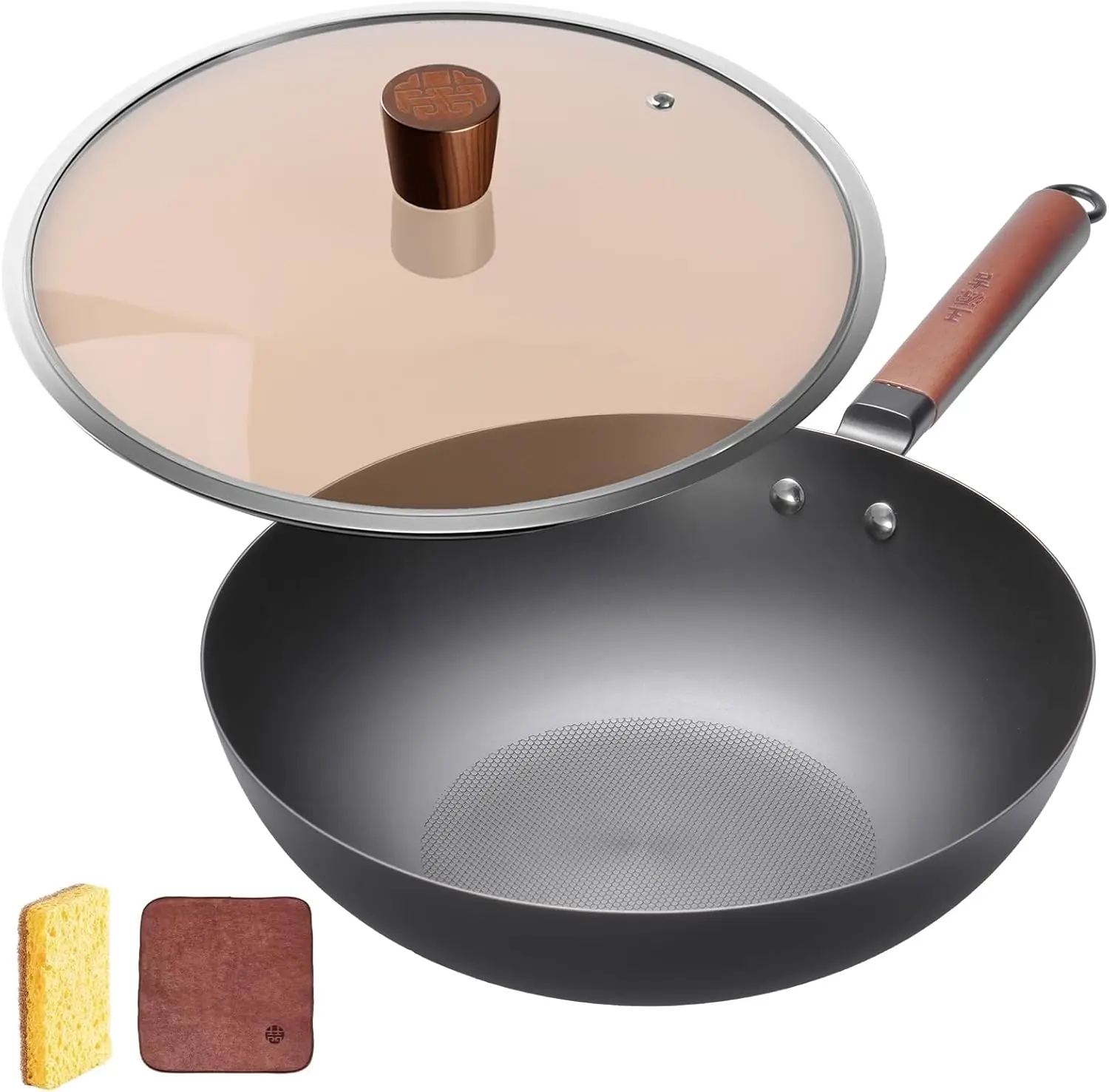 

Iron Wok 12.6 inches,Wooden Handle Chinese Iron Pot Carbon Steel Wok Non-Coated Stir Fry Pan,Suitable for Home Cooking