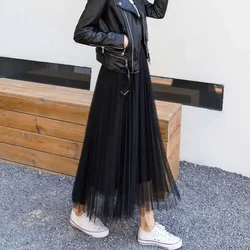 Tulle Skirt Women's Pleated Skirt High Waist Long A- line Swinging Skirt Woman Skirts Mujer Faldas Saias Mulher