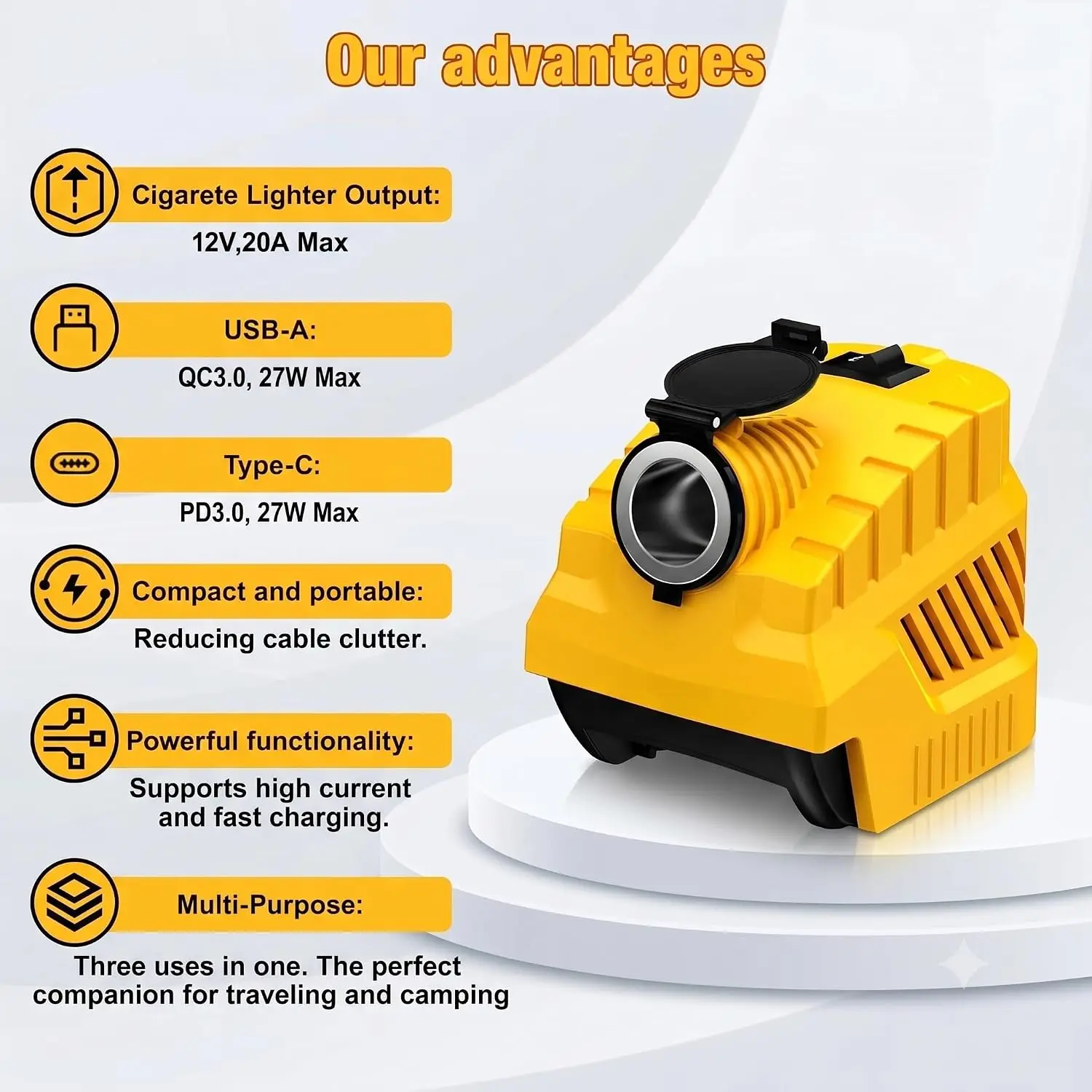 Spannungswandler für Makita/Milwaukee/Dewalt, 20V auf 12V Stromversorgungsadapter, Auto-Zigarettenanzünder mit USB- und Typ-C-Anschluss – Detail 6
