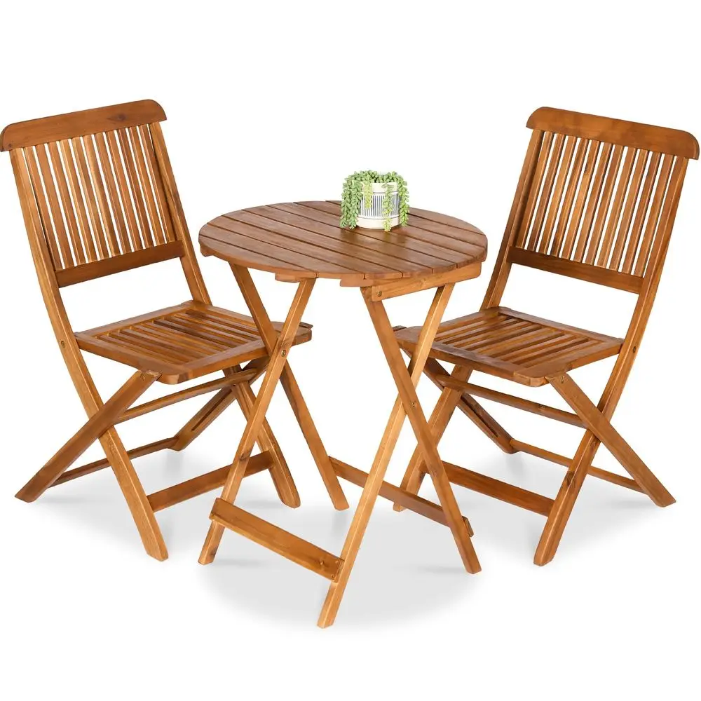 

3Piece Acacia Wood Bistro Set, Folding Patio Furniture for Backyard, Balcony, Deck w 2 Chairs, Round Coffee Table, Teak Finish