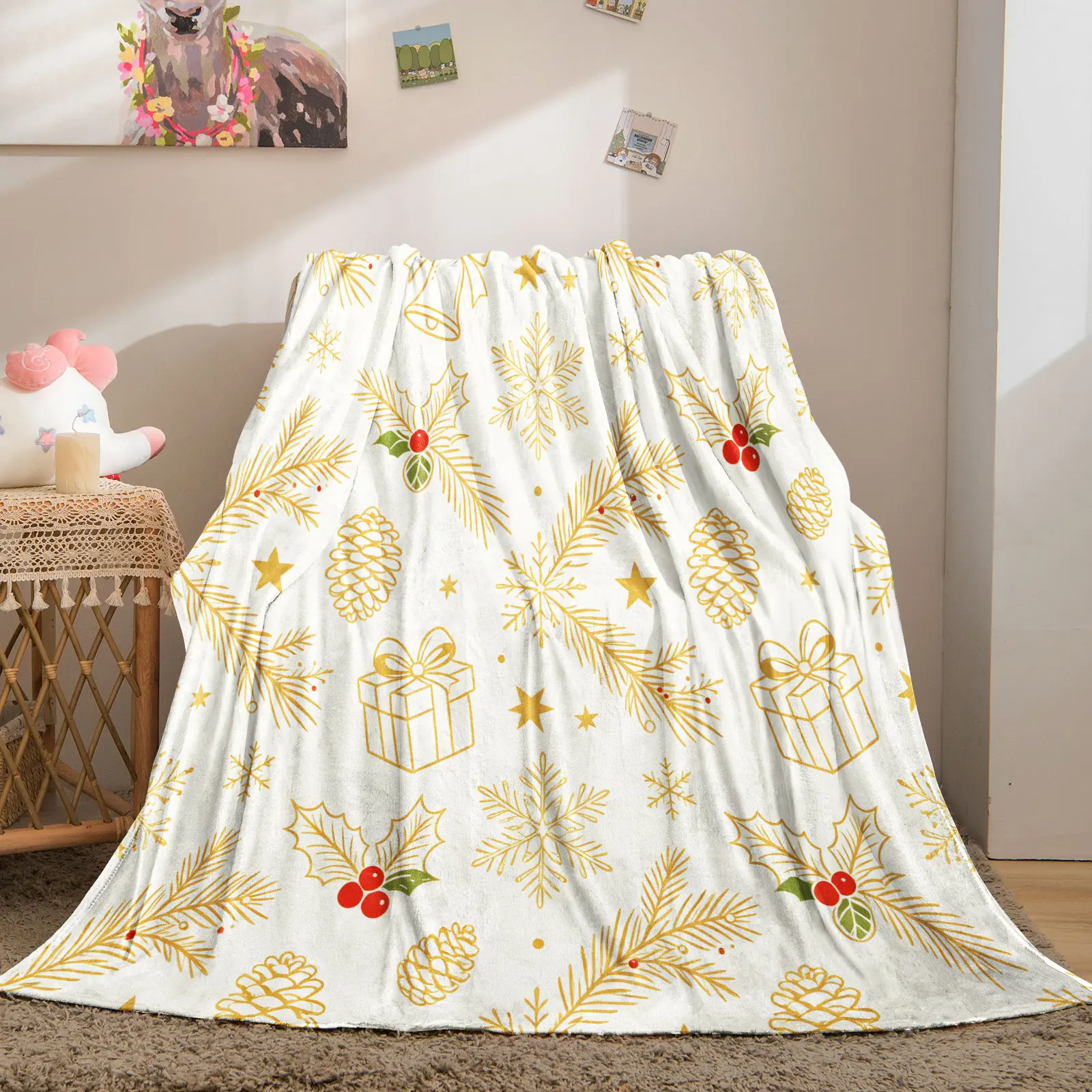 Xmas Holiday Throw Blanket Cream White Golden Line Holly Cone Bell Snowflake Gift Print Soft Flannel Microfiber Cozy Blanket