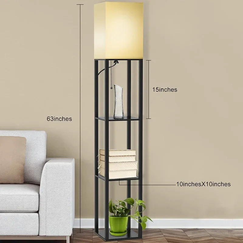 Chinese Minimalist Storage Rack Floor Lamp Multifunctional Charging Vertical Stand Wooden Coffee Table Decorative Lamp