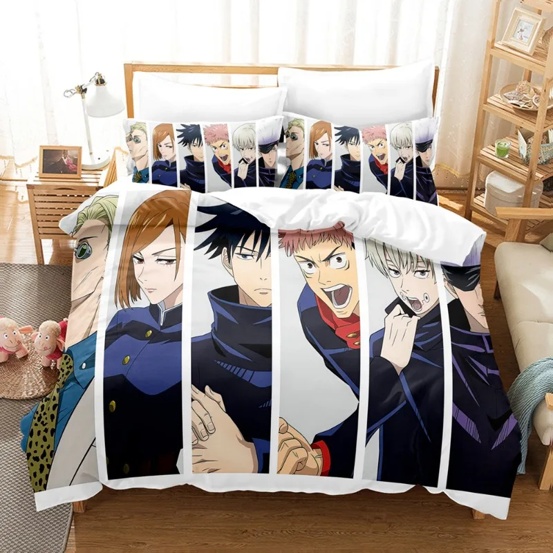

Комплект постельного белья из трех предметов с мультяшным принтом Jujutsu Kaisen: наволочка, пододеяльник, одеяло. Подарок на день рождения для детей.