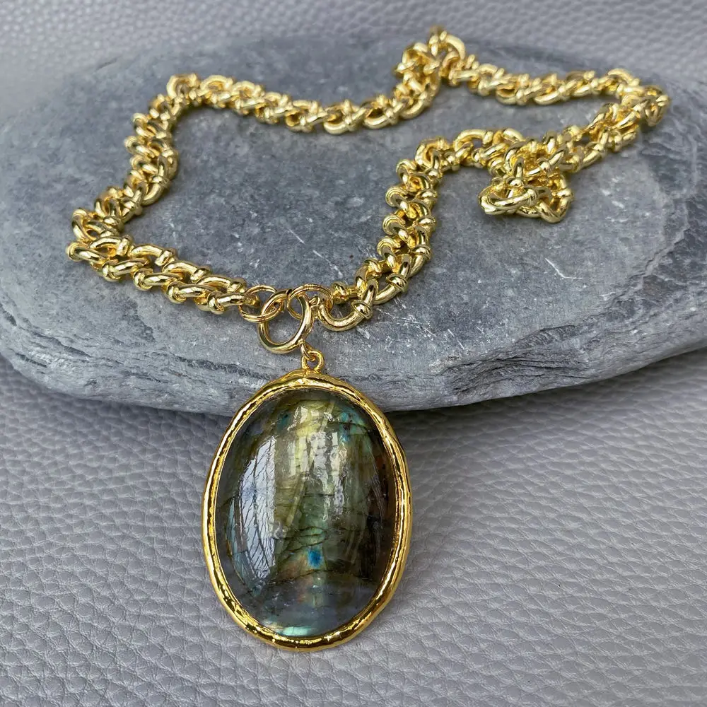 gold plated chain 33x45mm  Natural Labradorite Oval Shape Big Pendant Necklace Jewelry Gift
