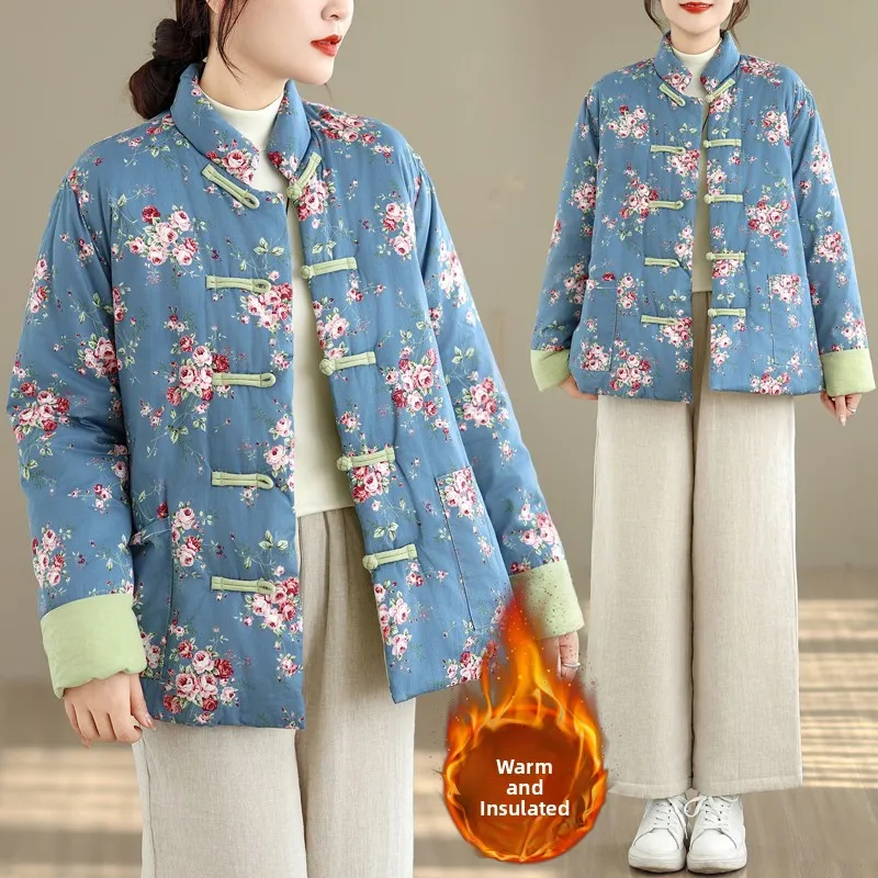Thiened Warm Loose Large Size Cotton Jaet New Chinese Sle Floral Cotton Coat Autumn Winter New Arrival Faionable Commute