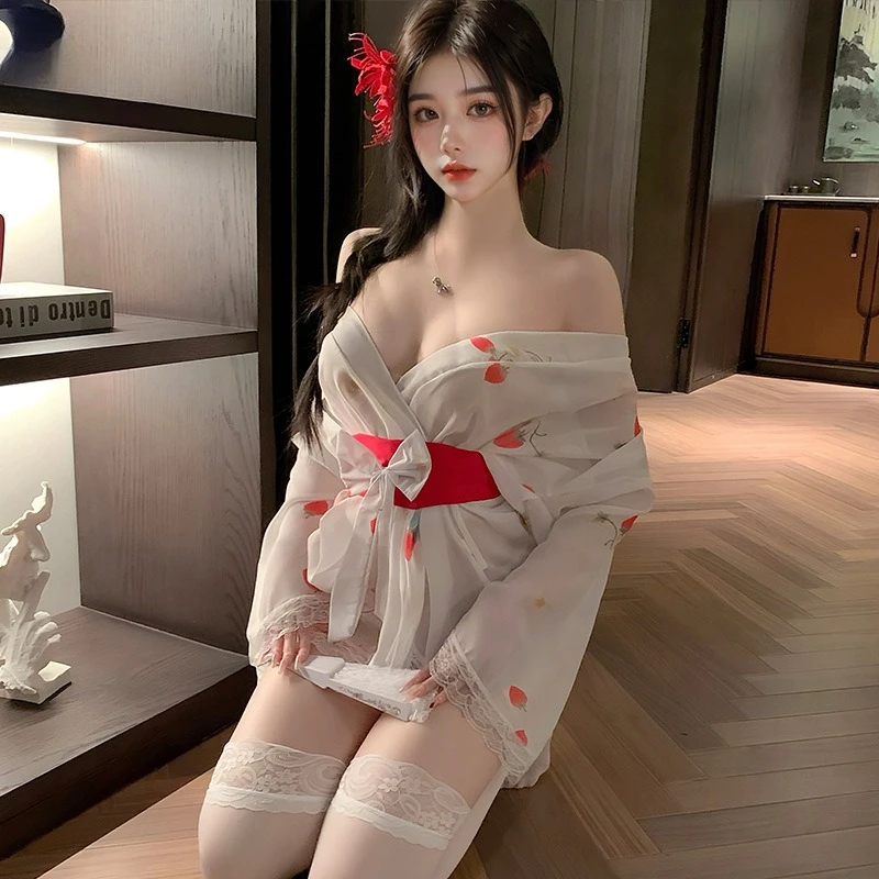 شفافة نمط الفراولة طباعة مثير كيمونو مغر الدانتيل طويلة الأكمام القوس فستان أنيق سحر ثوب النوم اليابانية البشكير #3