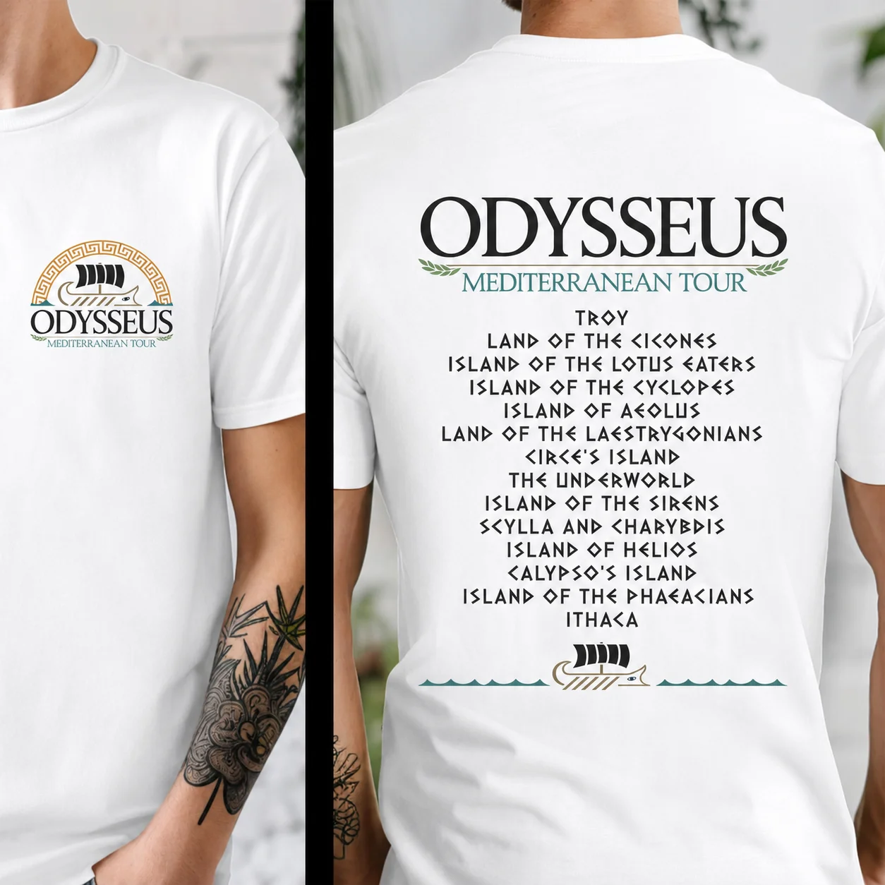 2026 Odysseus Mediterranean Tour T-Shirt Unisex Cotton Short Sleeve Tee Greek Myth Front Back Print Ancient Voyage Graphic Men