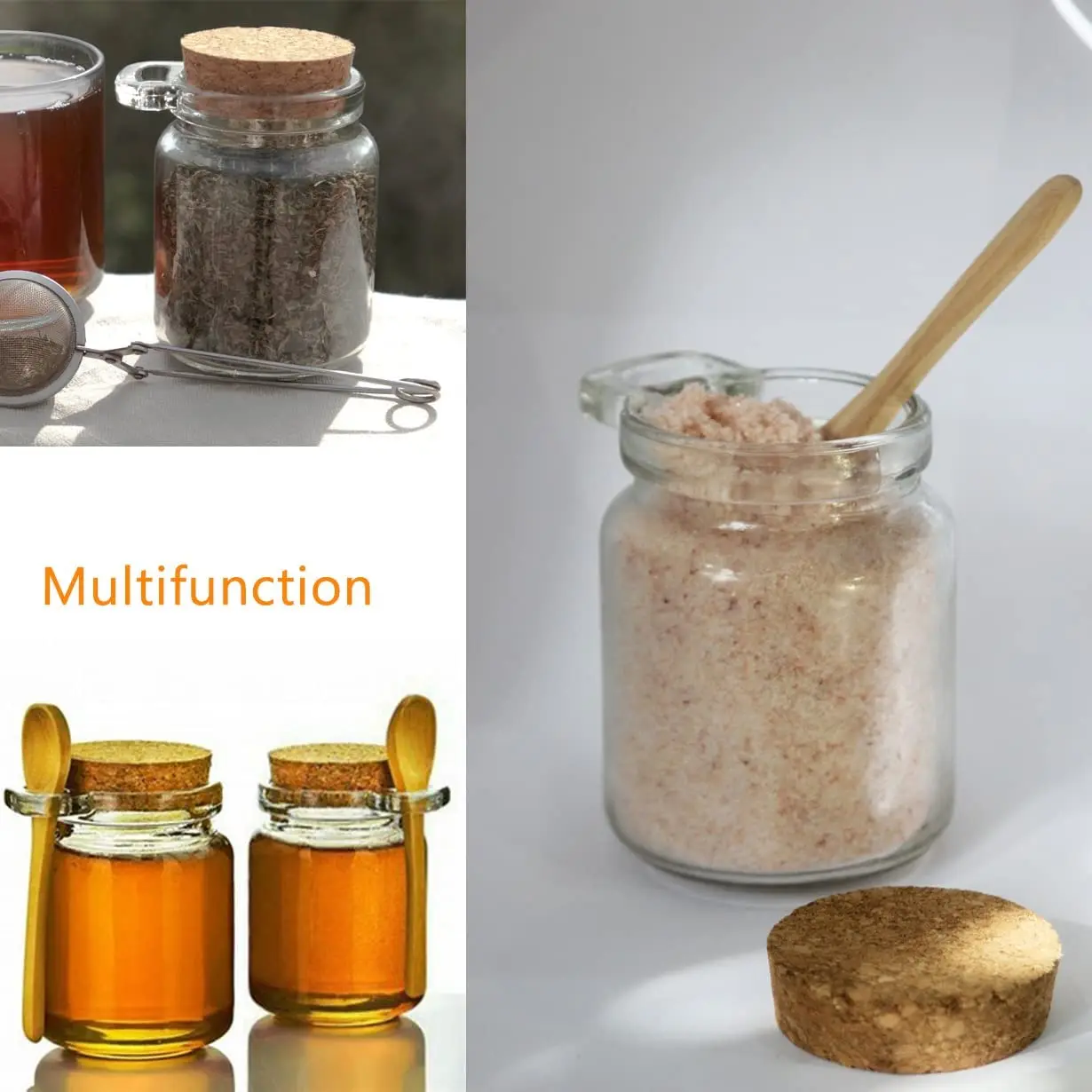 Glass Storage Jars with Cork Lids and Bamboo Spoons, for Bath Sea Salt, Spices, Honey, Teas, Candy, Candle Making,Diy