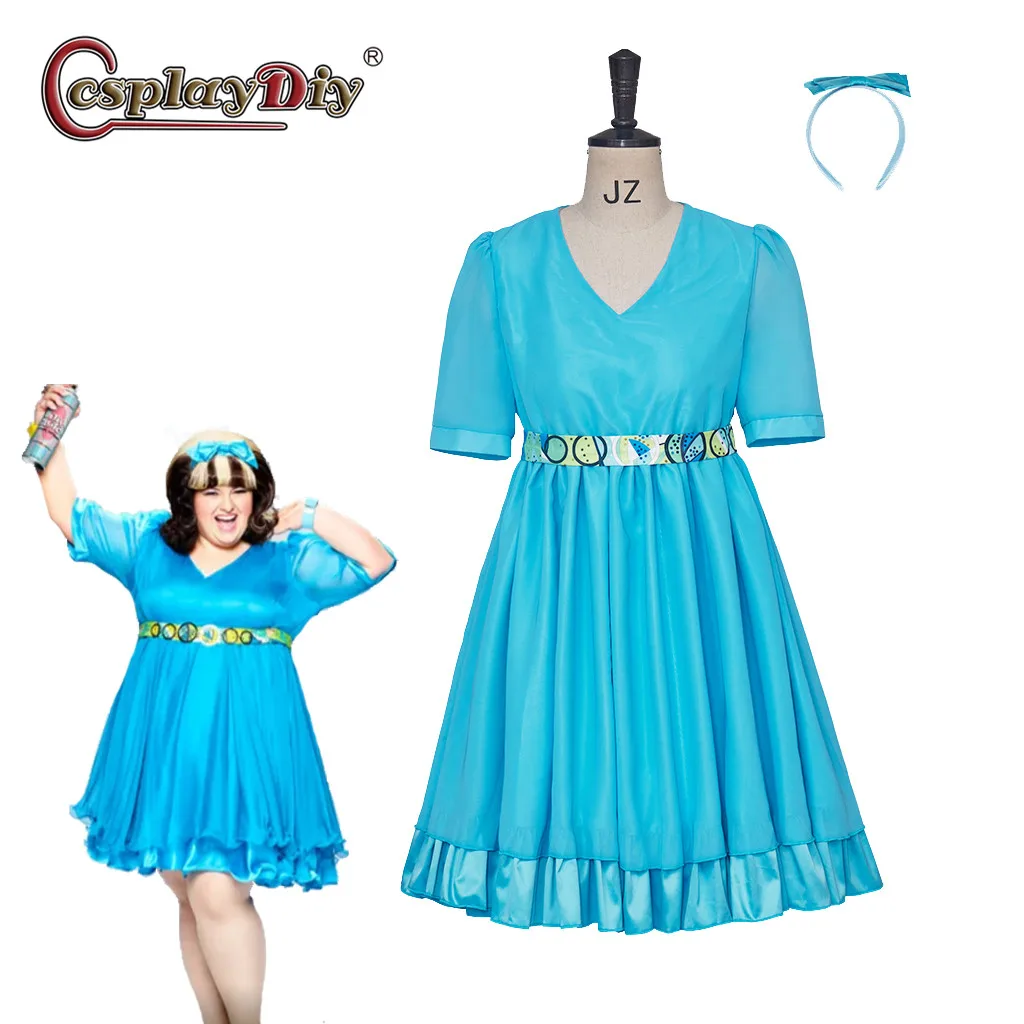 

Cosplaydiy Hairspray Tracy Turnblad Cosplay Costume Blue Dress Musical Costume Stage Performance Outfit with Headband Women suit