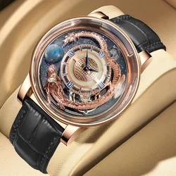 PINDU Celestial Series Rotating Dial Watch Men Transparent Design Rose Gold Quartz Leather Watch Art Hand Carved Dragon Relogio