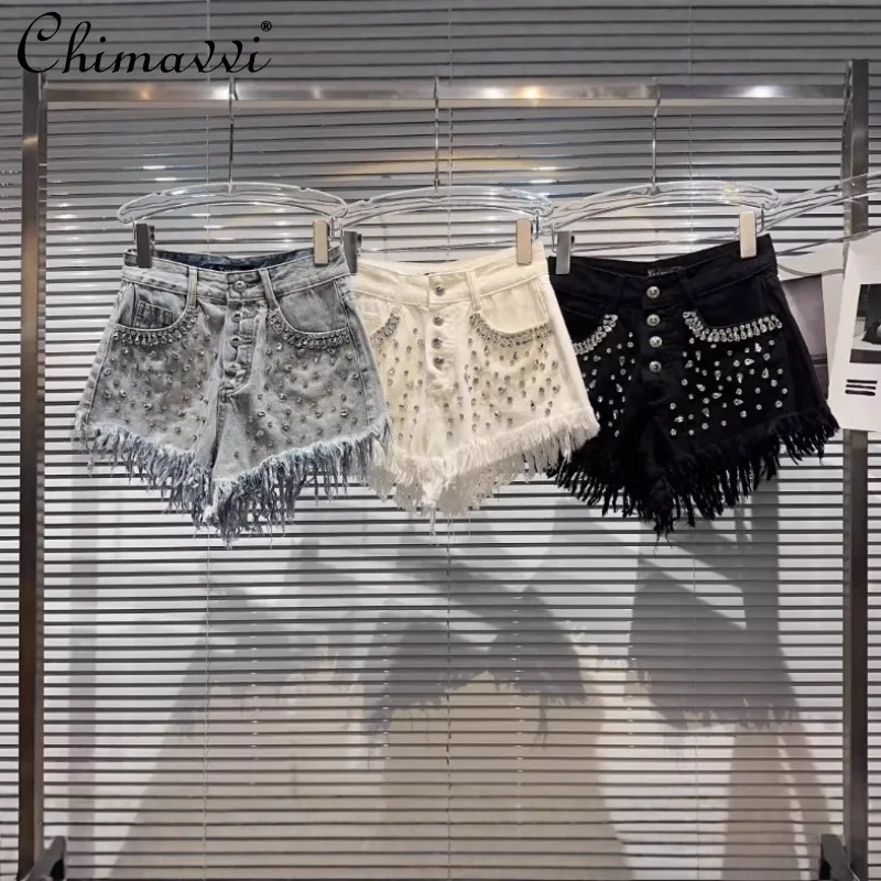 

2025 Summer New Fried Street Cool Spicy Big Particle Rhinestone Beads Fringed Edge Three-point Denim Shorts For Women
