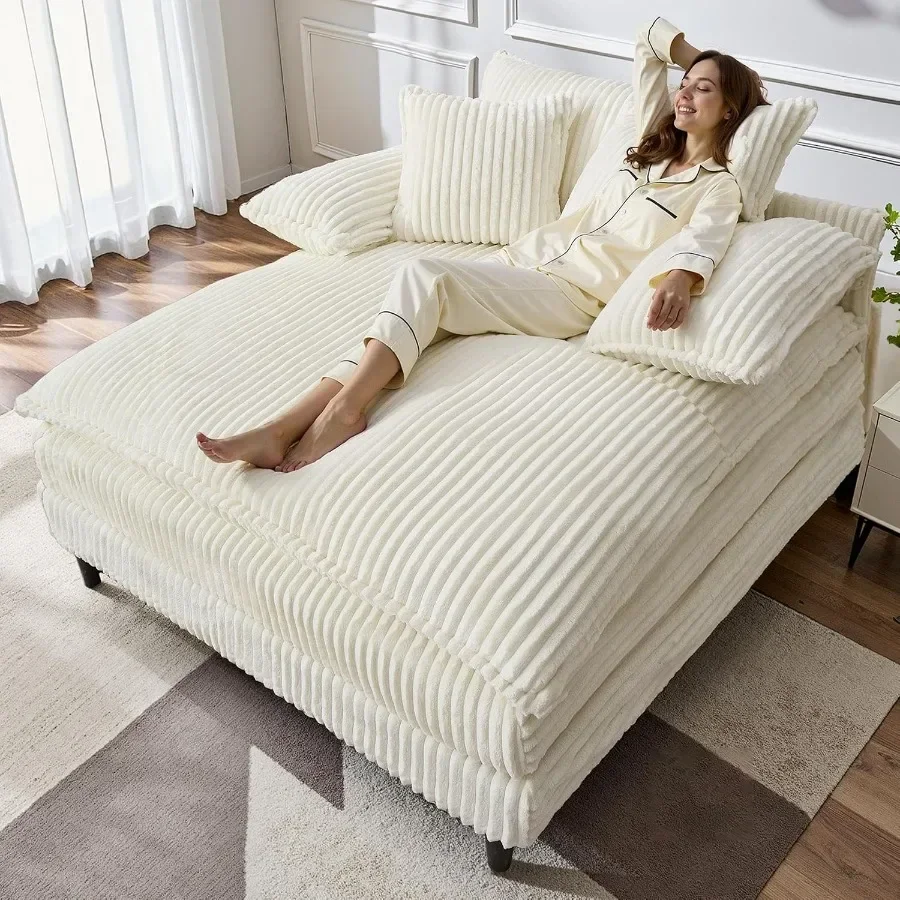Oversized Chaise Lounge Sofa Couch with 5-Position Adjustable Backrest, Corduroy Sleeper Sofa Bed, Reading Chair with Deep Seat
