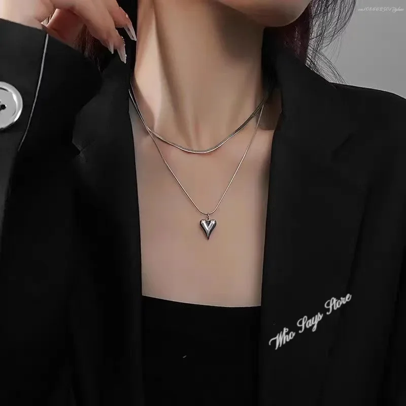 Stainless Steel Necklace Double Layered Love Heart Pendant Necklace for Women Simple Silver Color Long Neck Chain Female Jewelry