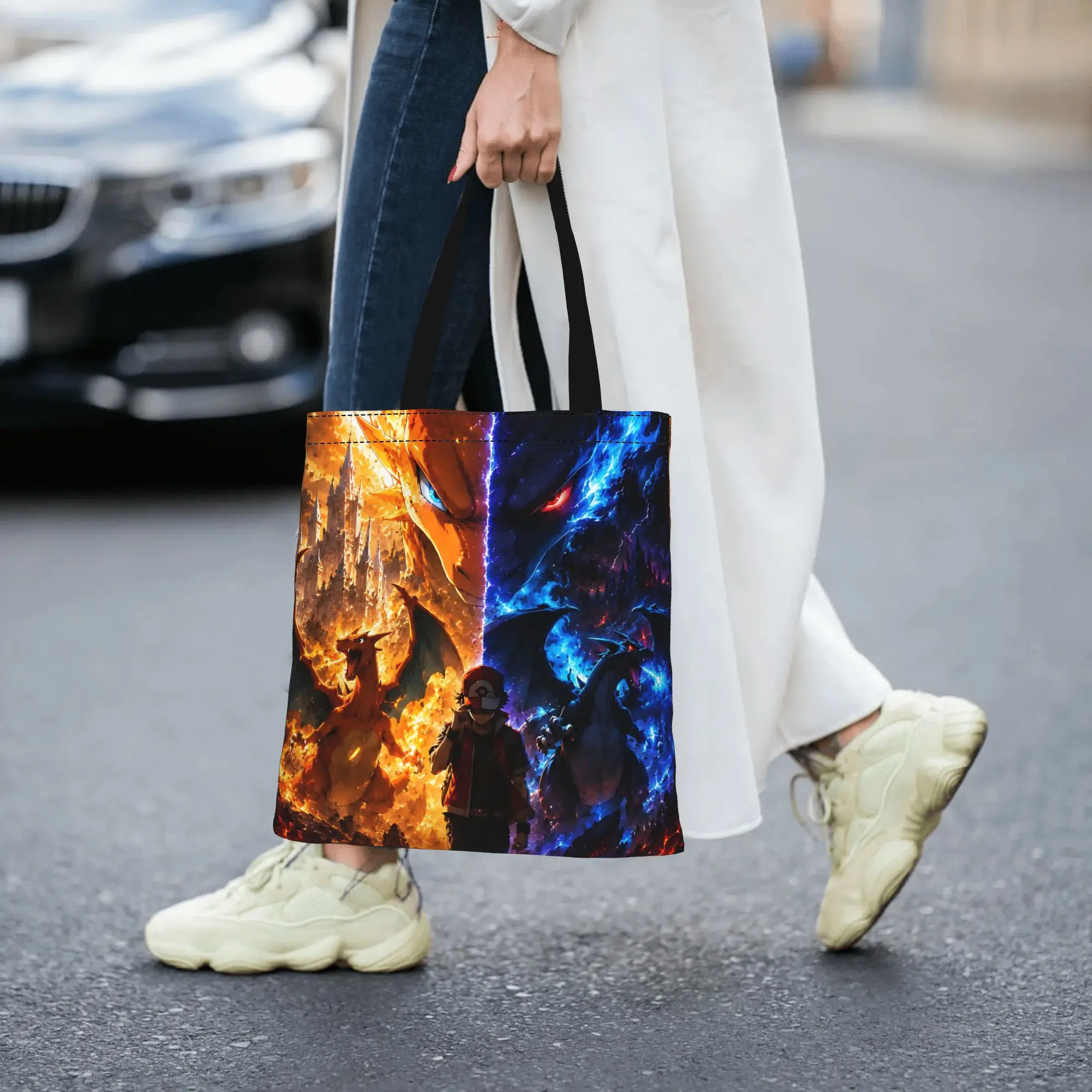 Customized Pokemon Red And Black Charizard Women's Bag Shopping Bag Reusable Double Sided Canvas Tote Bag Shoulder  Handbag