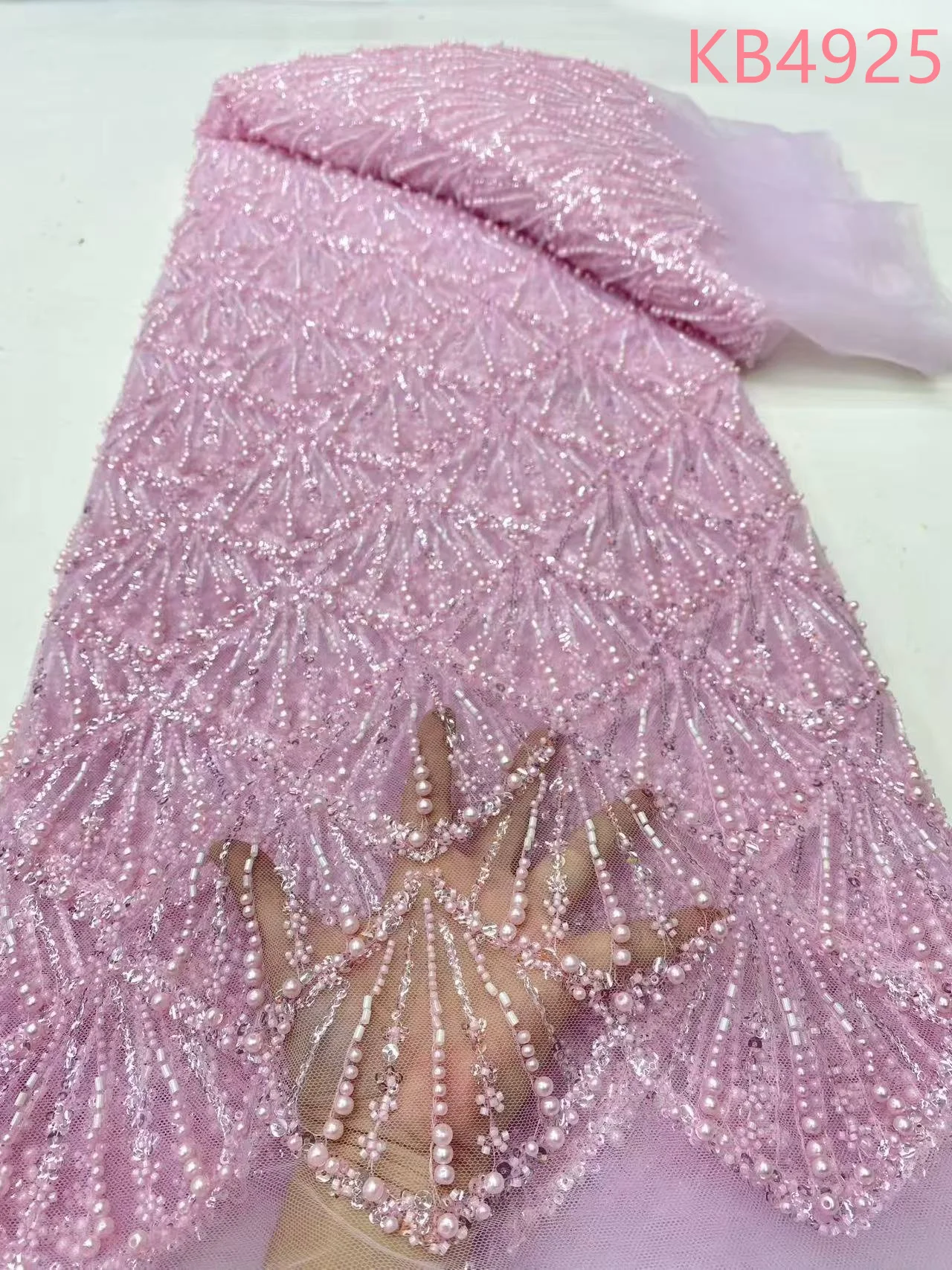 紫ライラック生地スパンコールレース生地アフリカレース生地5ヤード高品質2025ビーズブライダルレース生地縫製用KB4925