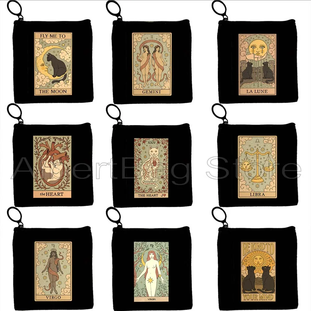 Gatos La Lune Sun Moon Zodíaco Acuario Aries Virgo Tauro Sagitario Tarot Card Monedero de lona Estuche para llaves Bolso lindo Cartera Bolsa