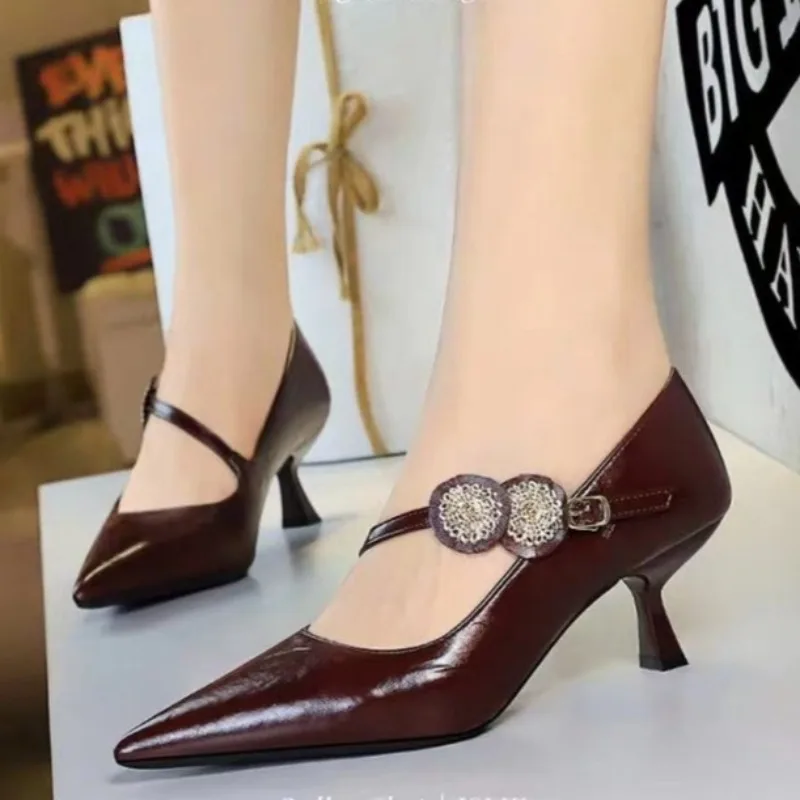 

Fashion High Heels Women's Stiletto Shallow Mouth Pointed Toe Metal Straight Strap French Kitten Heel Single