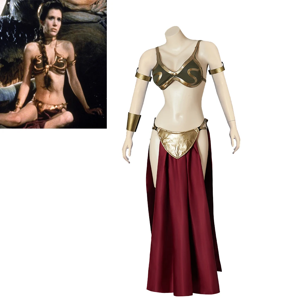 

Princess Leia Slave Cosplay Costume Women Sexy Bra and Skirt Costume Golden Bikini Set Halloween Carnival Party Full Suit