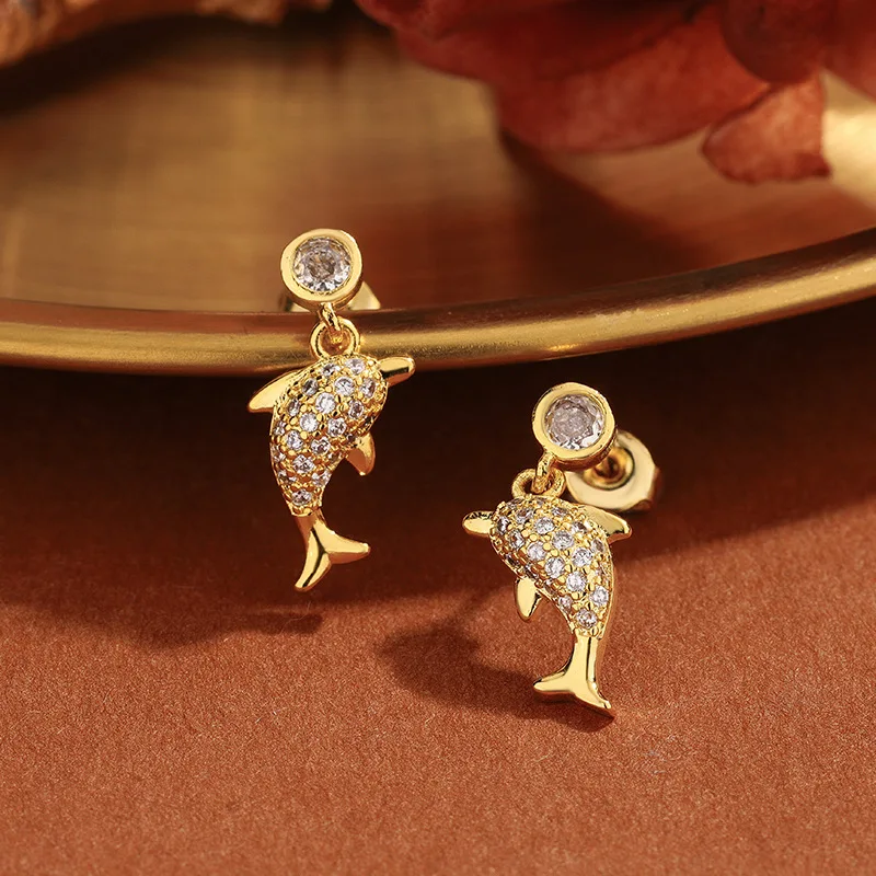 

Women's Gold Silver Dolphin Zircon Stud Earrings Fashion Crystal Animal Dangle Earrings for Party Wedding Daily Gift Jewelry